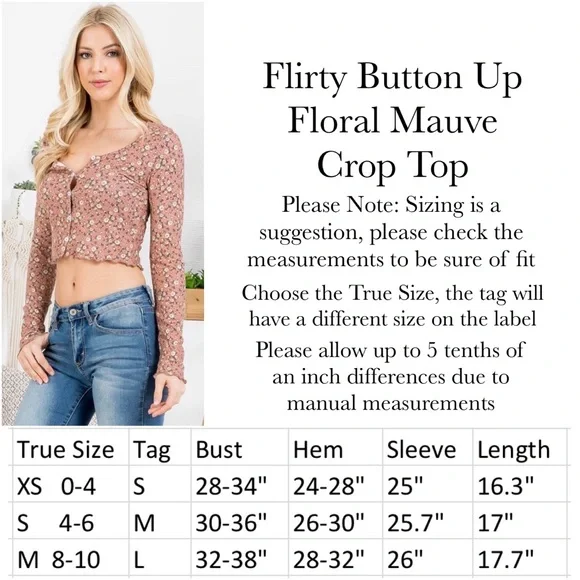 Flirty Long Sleeve Button Up Floral Mauve Crop Top - Picture 16 of 16